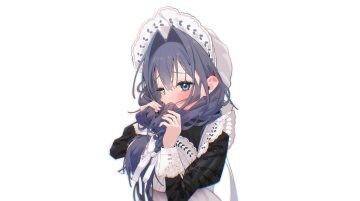 agnamore black hair blue eyes blush bow braids close dress headdress hololive long hair maid ouro kronii third-party edit twintails white