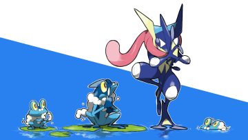 animal blacknirrow froakie frog frogadier greninja no humans pink eyes pokemon scarf water yellow eyes