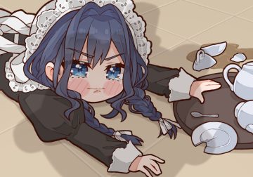 apron black hair blue eyes blush bow braids crying dress drink headdress hololive kukie-nyan maid ouro kronii tears twintails