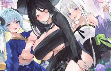 black hair blue eyes blue hair blush bow breasts fang flowers gray hair gurami (zangizarang) hat horns last origin long hair purple eyes red eyes ribbons see through tagme (character)