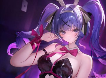 animal ears blue eyes blue hair blush bow breasts bunny ears bunnygirl cleavage hatsune miku headband kyouninn leotard long hair rabbit hole (vocaloid) ribbons signed twintails vocaloid wristwear