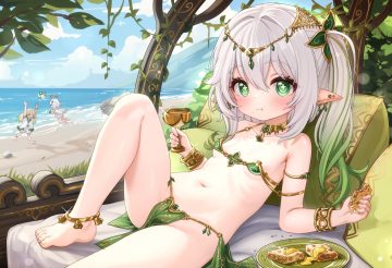 ball barefoot beach bed bell bikini blonde hair blush choker clouds comodomodo food genshin impact gray hair green eyes halo headdress leaves loli long hair nahida (genshin impact) navel paimon (genshin impact) pointed ears ponytail short hair shorts signed sky swimsuit tagme (character) water wristwear