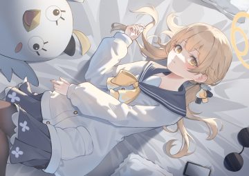 ajitani hifumi blue archive blush bow brown hair halo long hair miku rasha pantyhose phone school uniform skirt twintails yellow eyes