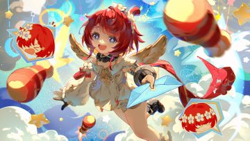 blindfold blue eyes boots braids cat smile clouds dress flat chest honkai (series) honkai: star rail loli paper pointed ears red hair short hair sky trianne (honkai: star rail) tribbie (honkai: star rail) trinnon (honkai: star rail) watermark wings yu e baba