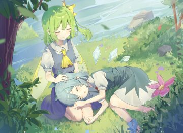 2girls blue hair cirno daiyousei dress fairy flowers grass green hair kitahara (pixiv 19528441) ponytail shirt short hair sleeping touhou water wings