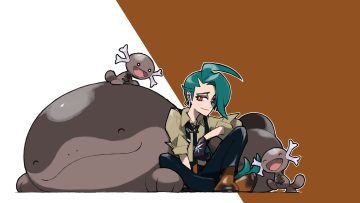 blacknirrow clodsire gloves green hair long hair pokemon red eyes rika (pokemon) shirt tie wooper