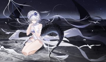 arknights beach brown eyes flantia flowers garter gray hair headdress long hair night pointed ears sky stars swimsuit tail tomimi (arknights) water wristwear