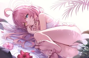 ass barefoot bicolored eyes bikini blue archive flowers halo leaves loli long hair petals pink hair pong (vndn124) skirt swimsuit takanashi hoshino water wet