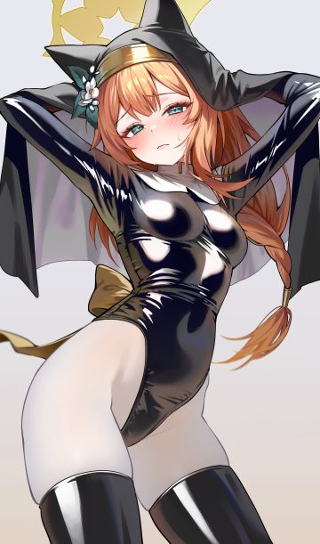 ayoni blue archive iochi mari animal ears halo leotard loli nekomimi nun pantyhose thighhighs