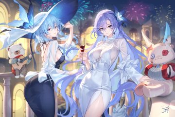 2girls ass baek hyang blue eyes blue hair breasts building cantarella (wuthering waves) city dress drink fireworks guitar hat instrument long hair night purple eyes scarf shorekeeper (wuthering waves) signed skintight umbrella wuthering waves