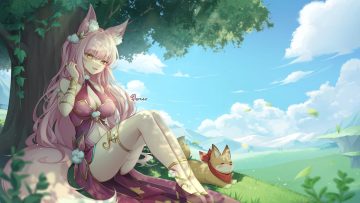 animal animal ears blush breasts cleavage clouds dress fang fox foxgirl garter grass leaves long hair navel original pink hair pong (vndn124) scarf shade signed sky tail tree wristwear yellow eyes