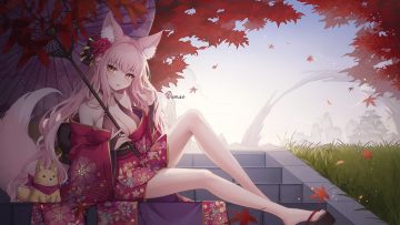 animal animal ears autumn breasts building choker cleavage clouds elbow gloves fox foxgirl gloves grass japanese clothes kimono leaves long hair open shirt original pink hair pong (vndn124) scarf shade signed sky stairs tail umbrella yellow eyes