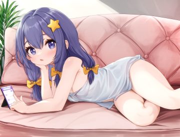 blue eyes blue hair blush bow breasts cleavage comodomodo couch erect nipples loli long hair original phone signed towel