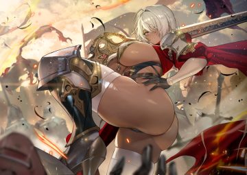 armor ass blush breasts cameltoe clouds dark skin fire gloves gray hair leotard original purple eyes short hair sky sword teddypocky thighhighs weapon
