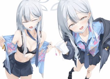 aliasing bandaid blue archive blush bra breasts cleavage close drink gray eyes gray hair haamon (harmon) halo kneehighs konoka (blue archive) long hair mask navel open shirt shirt skirt tie underwear undressing wet white wristwear