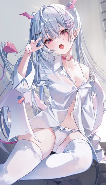 myowa bandaid bra devil dress shirt open shirt pantsu pointy ears see through tail thighhighs wings