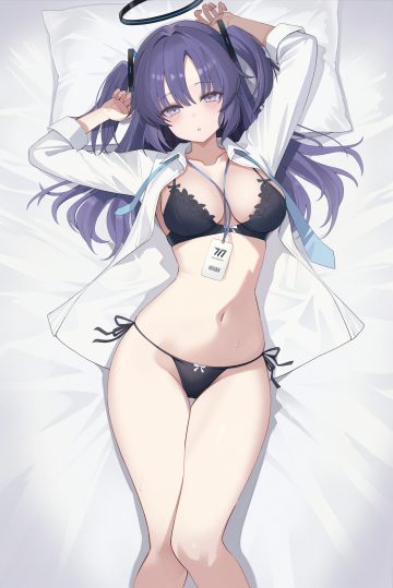 szkure. blue archive hayase yuuka bra halo open shirt pantsu seifuku string panties thong