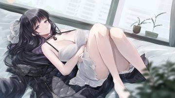 aliasing black hair breasts cleavage collar dress kurage cc long hair purple eyes ririsya (vtuber) see through