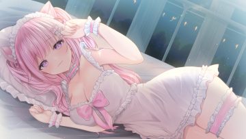 aliasing animal ears bed blush bow breasts choker cleavage dress garter headdress kurage cc long hair night pink hair purple eyes wristwear yumori nanya