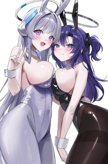 pibag blue archive hayase yuuka ushio noa animal ears bunny ears bunny girl halo no bra pantyhose symmetrical docking