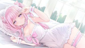 aliasing animal ears bed blush bow breasts choker cleavage dress garter headdress kurage cc long hair pink hair purple eyes wristwear yumori nanya