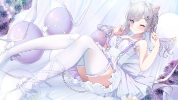 aliasing animal ears blush bow braids catgirl choker dress gray hair kurage cc long hair original purple eyes thighhighs twintails wink