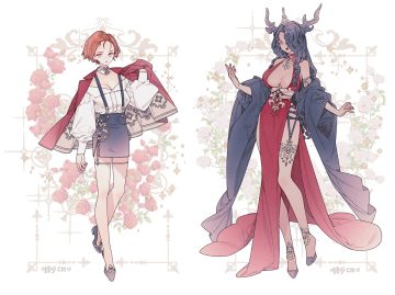 2girls black hair breasts choker cleavage dark skin flowers garter garter belt gray eyes horns lemon89h long hair original red hair rose scar shirt short hair signed skirt tiara white