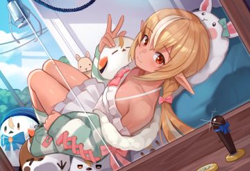 blonde hair blush bow braids clouds dark skin dress hololive pointed ears red eyes shiranui flare sky yoshikawa hiro