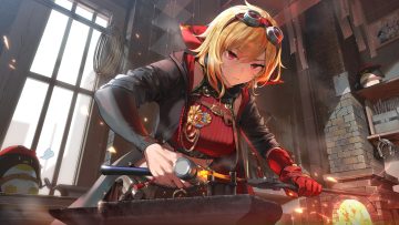 animal biittertaste blonde hair blush fire gloves goggles hololive hood kaela kovalskia paper penguin red eyes scarf short hair