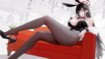 animal ears black hair blue archive breasts bunny ears bunnygirl cleavage couch halo leotard long hair omone hokoma agm pantyhose red eyes tsukatsuki rio