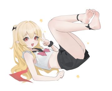 annlee barefoot blonde hair blush bow cat smile fang long hair original panties pointed ears red eyes school uniform skirt underwear white wings wristwear