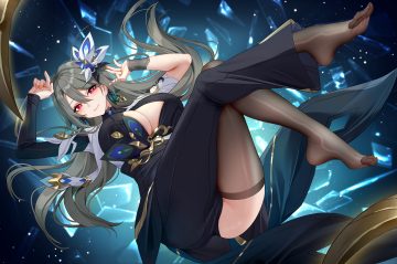 breasts cleavage dress gray hair honkai impact honkai (series) long hair pink eyes thighhighs vita (honkai impact) wristwear wu ganlan cai