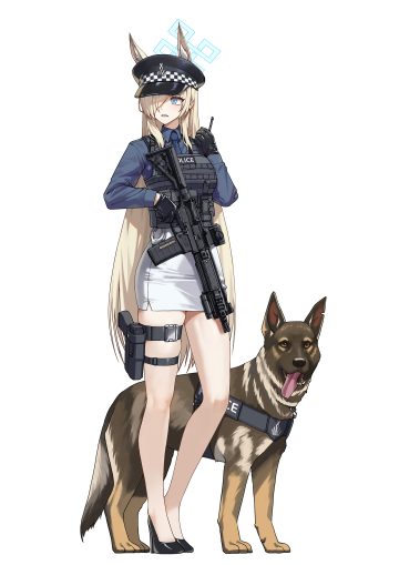 alfie (artist) blue archive ogata kanna (blue archive) animal ears garter gun halo heels inumimi police uniform