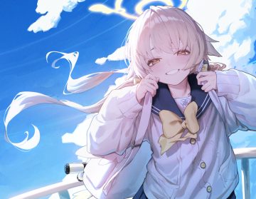 ajitani hifumi black cola blonde hair blue archive blush bow brown eyes close clouds halo long hair school uniform sky twintails