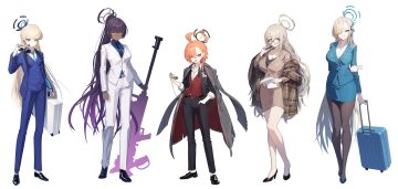 asuma toki black hair blonde hair blue archive blue eyes braids breasts brown eyes brown hair cape cleavage dark skin flat chest glasses group gun halo ichinose asuna kakudate karin long hair microphone mikamo neru murokasa akane orange hair pantyhose ponytail pyytato red eyes shirt short hair skirt suit sunglasses tie weapon white yellow eyes