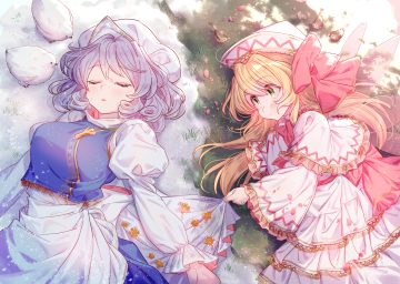 2girls animal apron bird blonde hair blue hair blush bow dress fairy grass green eyes hat letty whiterock lily white long hair masanaga (tsukasa) petals short hair sleeping snow spring touhou wings winter