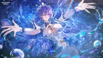 blush breasts bubbles cantarella (wuthering waves) cleavage dress garter belt headdress long hair purple eyes purple hair stockings tagme (artist) tattoo water watermark wet wuthering waves