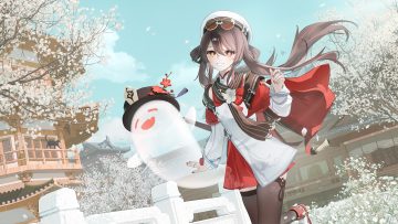 animal brown hair building cape cat chinese clothes chinese dress clouds dress flowers genshin impact hat hu tao (genshin impact) long hair petals red eyes sky spring sunglasses thighhighs tree varlyn
