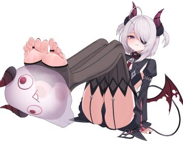 barefoot bebetang blue eyes cameltoe dress eternal return: black survival eyepatch flat chest garter belt gothic gray hair horns panties short hair sissela kyle stockings tail twintails underwear upskirt white wings