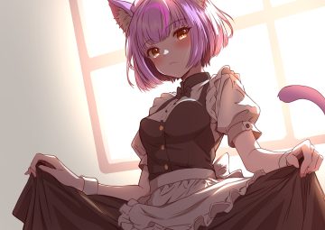 animal ears apron blush catgirl close dress maid mikan mizu orange eyes purple hair short hair skirt lift tagme (character) tail wristwear