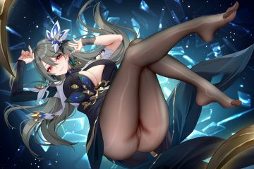 anus breasts cleavage dress gray hair honkai impact honkai (series) long hair nopan pantyhose pink eyes pussy see through uncensored vita (honkai impact) wristwear wu ganlan cai