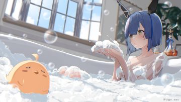 animal anthropomorphism azur lane bath bathtub bird blue hair breasts brown eyes bubbles clouds gascogne (azur lane) manjuu (azur lane) nude oregano (olgn eao) short hair sky watermark