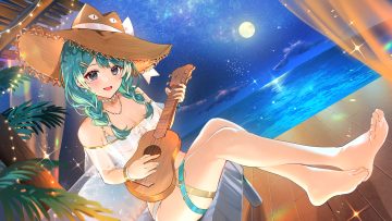 aqua hair azna barefoot bikini black eyes blush bow braids breasts choker cleavage clouds garter guitar hat instrument moon necklace night see through sky stars swimsuit twintails water wristwear