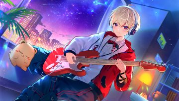 all male azna blonde hair blush book bow building city food guitar headphones hood instrument male night red eyes shirt short hair sky stars