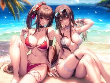 2girls bikini blush breasts brown hair cameltoe choker clouds collar garter hanikami kanojo kurohime yuuhi long hair minazumi kasane navel piromizu ponytail red eyes sky sunglasses swimsuit tree water wet