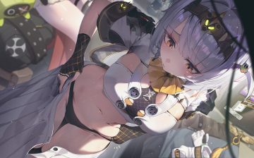 anby demara blush braids close dressing elbow gloves gloves gray hair headband navel orange eyes panties short hair skirt sushispin underwear zenless zone zero
