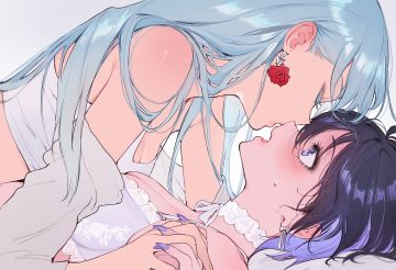 2girls black hair blue hair blush bow bra breasts choker cleavage close fujin (qiandaiyiyu) jun (qiandaiyiyu) kiss long hair original purple eyes qiandaiyiyu short hair sketch underwear yuri
