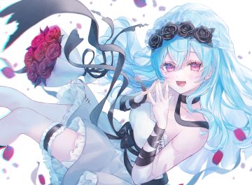 aqua eyes blush bow choker dress flowers fuyu (xxfylia) garter headdress kaifu naru long hair petals pink eyes ribbons rose signed station memories wedding attire