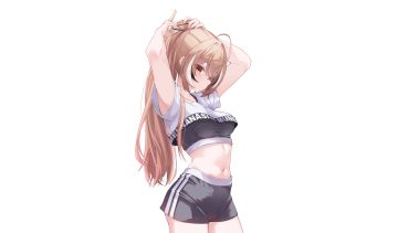 blush breasts brown eyes brown hair hololive long hair nanashi mumei navel noeee ponytail shorts sports bra third-party edit white