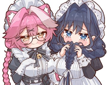 2girls animal ears apron bell black hair blue eyes blush bow braids breast hold catgirl close dress elbow gloves glasses gloves headdress hololive kukie-nyan long hair maid ouro kronii pink hair raora panthera twintails yellow eyes